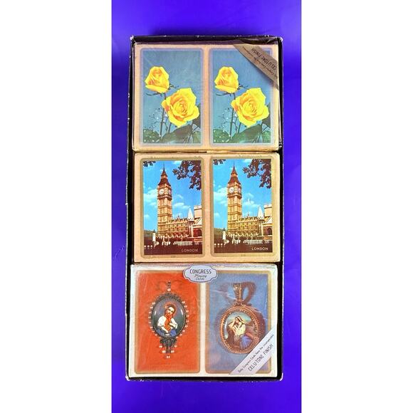 RARE VTG Congress Playing Cards Cel-U-Tone Triple Deck Canasta London Roses - Picture 1 of 12